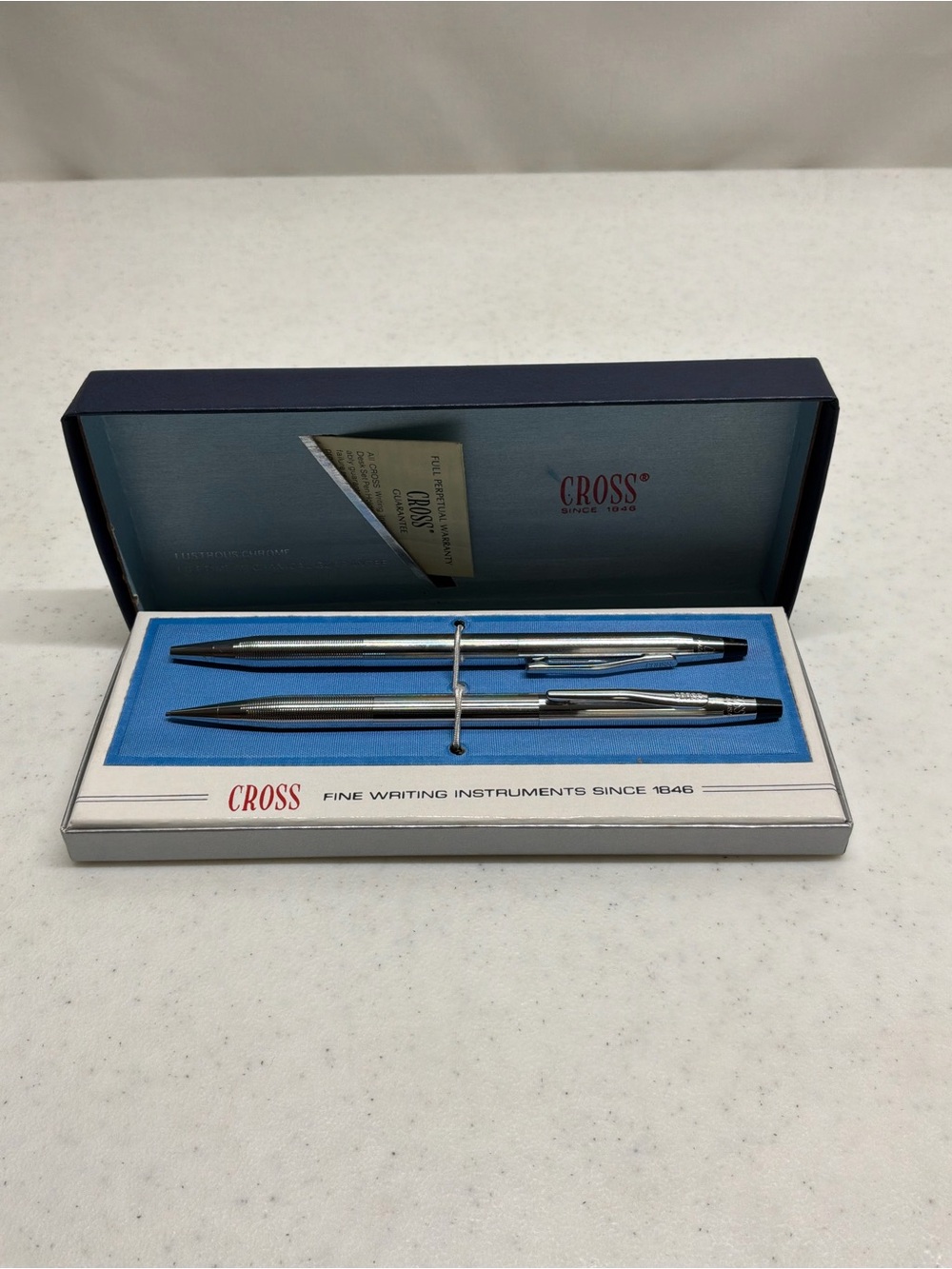 Vintage Cross Pen and Pencil Set Lustrous Chrome Original Box PEN DOES NOT WORK